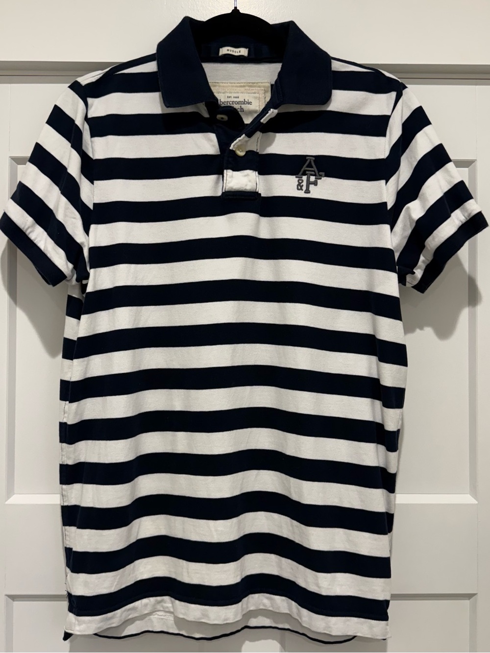 Y2K Abercrombie & Fitch Muscle Fit Navy White Stripe Polo Casual Golf Shirt-L